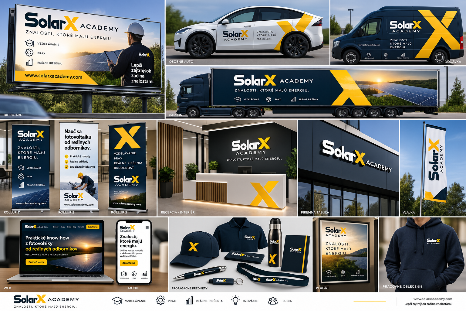SolarX Academy visual identity on vehicles and business materials